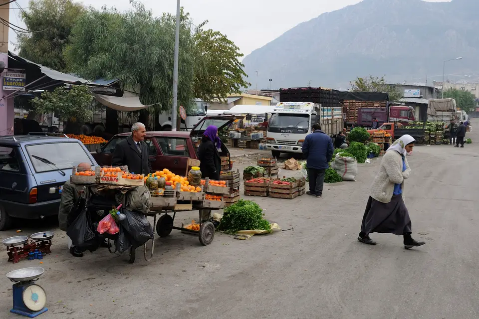 Antakya'da dağ eteğindeki açık pazar alanında el arabalarında meyve-sebze