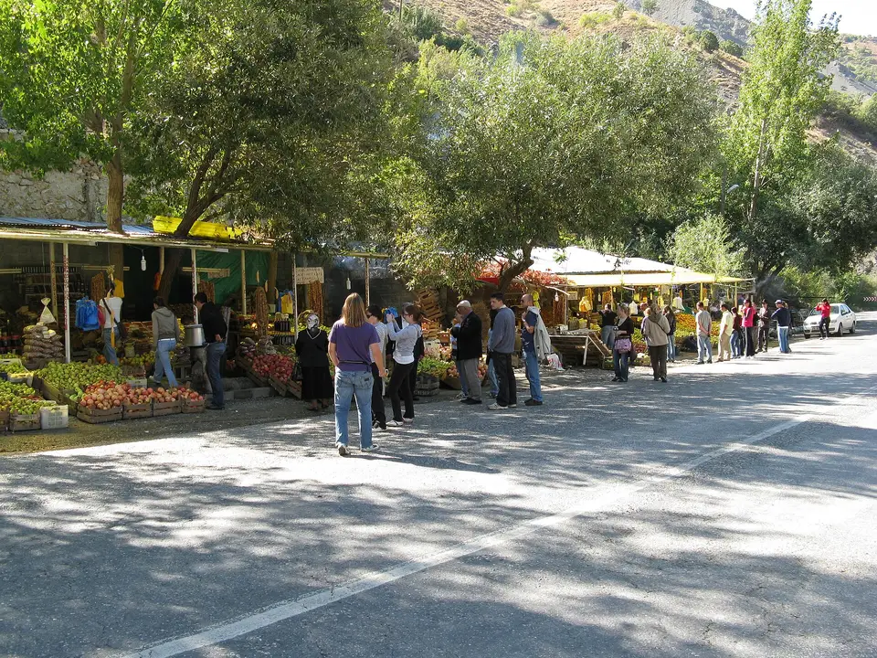 Ağaçların gölgesinde yol boyunca kurulmuş pazar tezgâhları